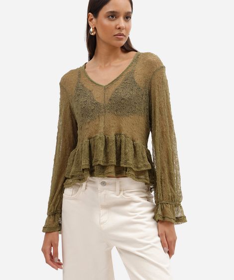 bata feminina de renda decote v manga longa com babado verde