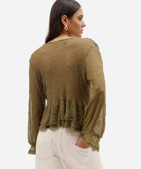 bata feminina de renda decote v manga longa com babado verde
