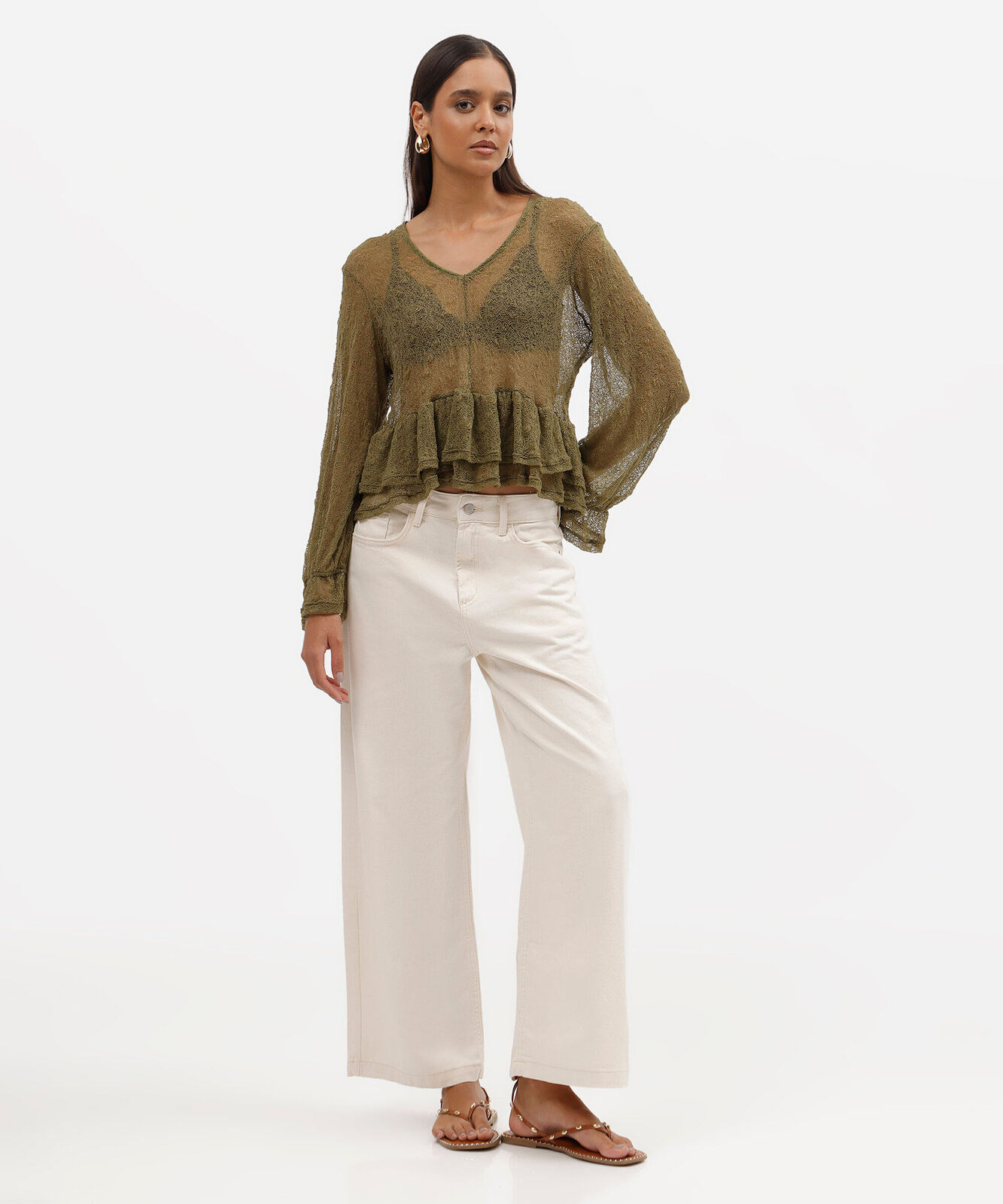 bata feminina de renda decote v manga longa com babado verde