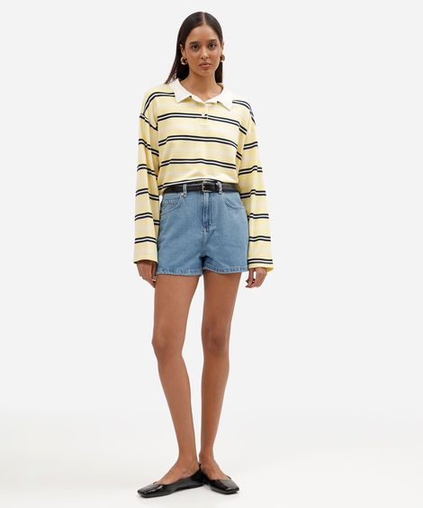 short mom feminino jeans cintura alta azul