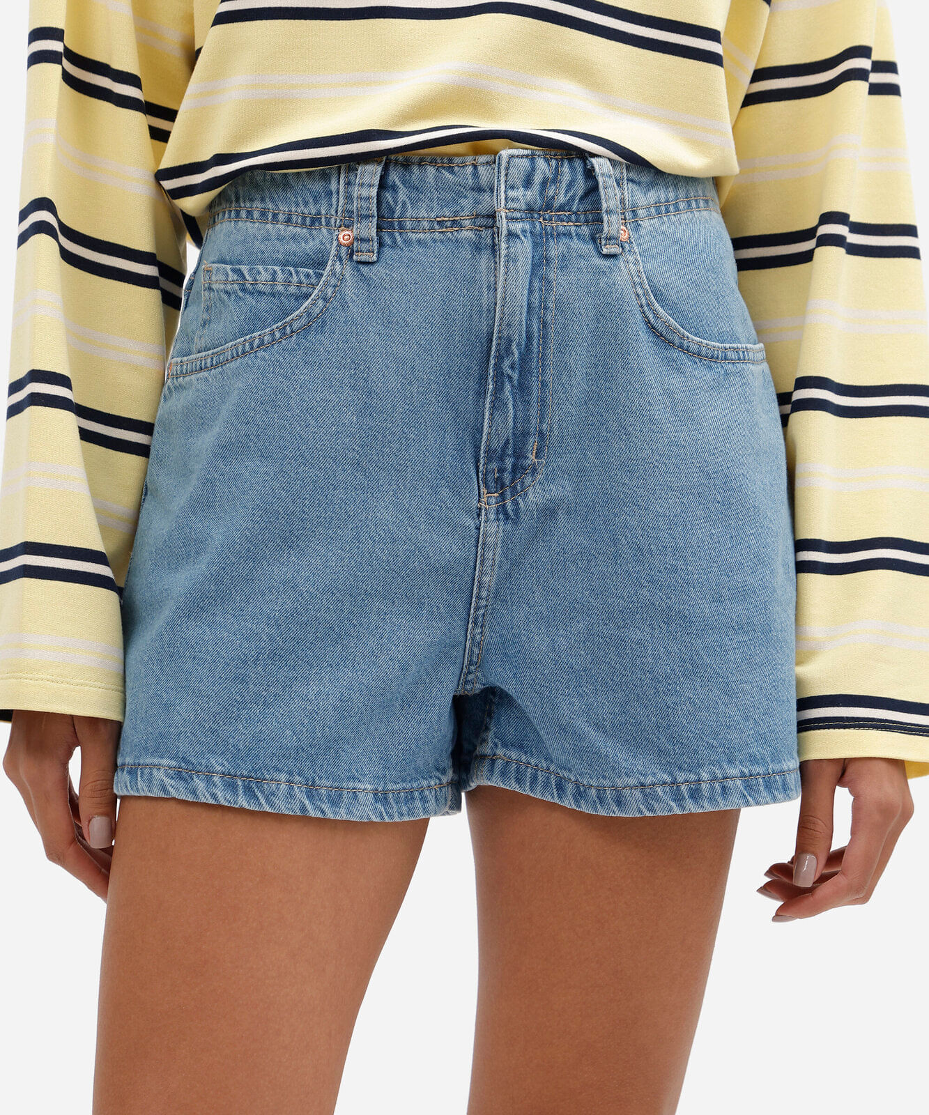 short mom feminino jeans cintura alta azul