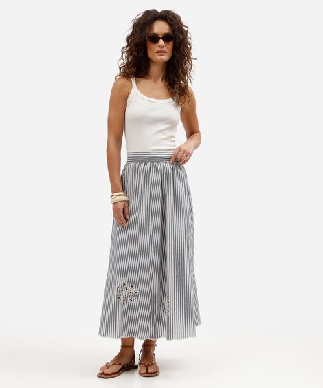 saia midi feminina listrada com bordado azul
