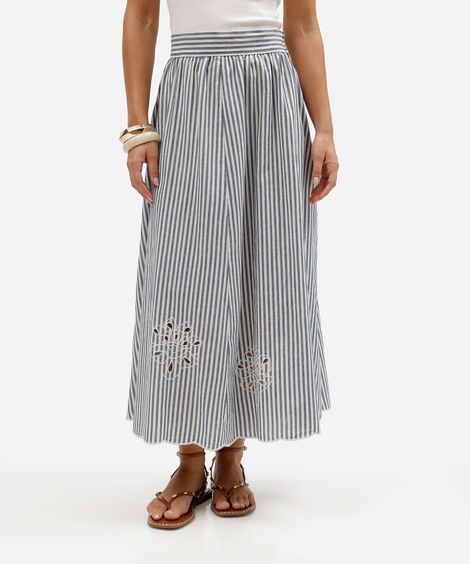 saia midi feminina listrada com bordado azul