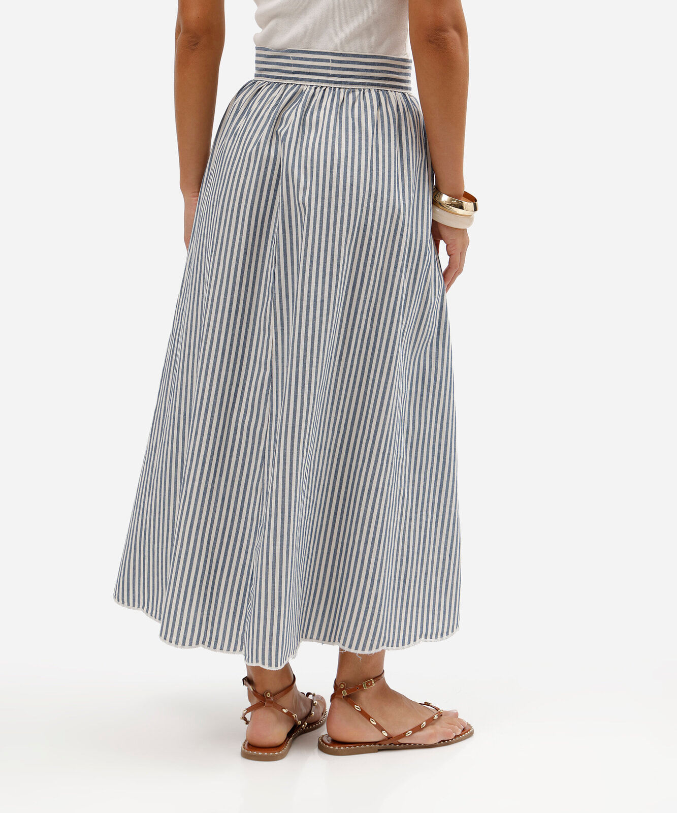 saia midi feminina listrada com bordado azul