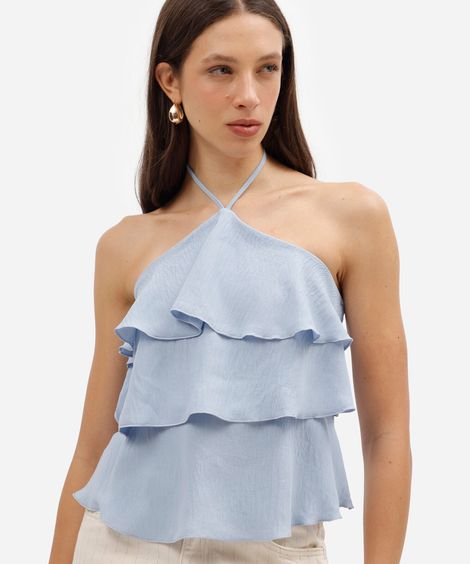 blusa halterneck feminina com babados texturizada azul
