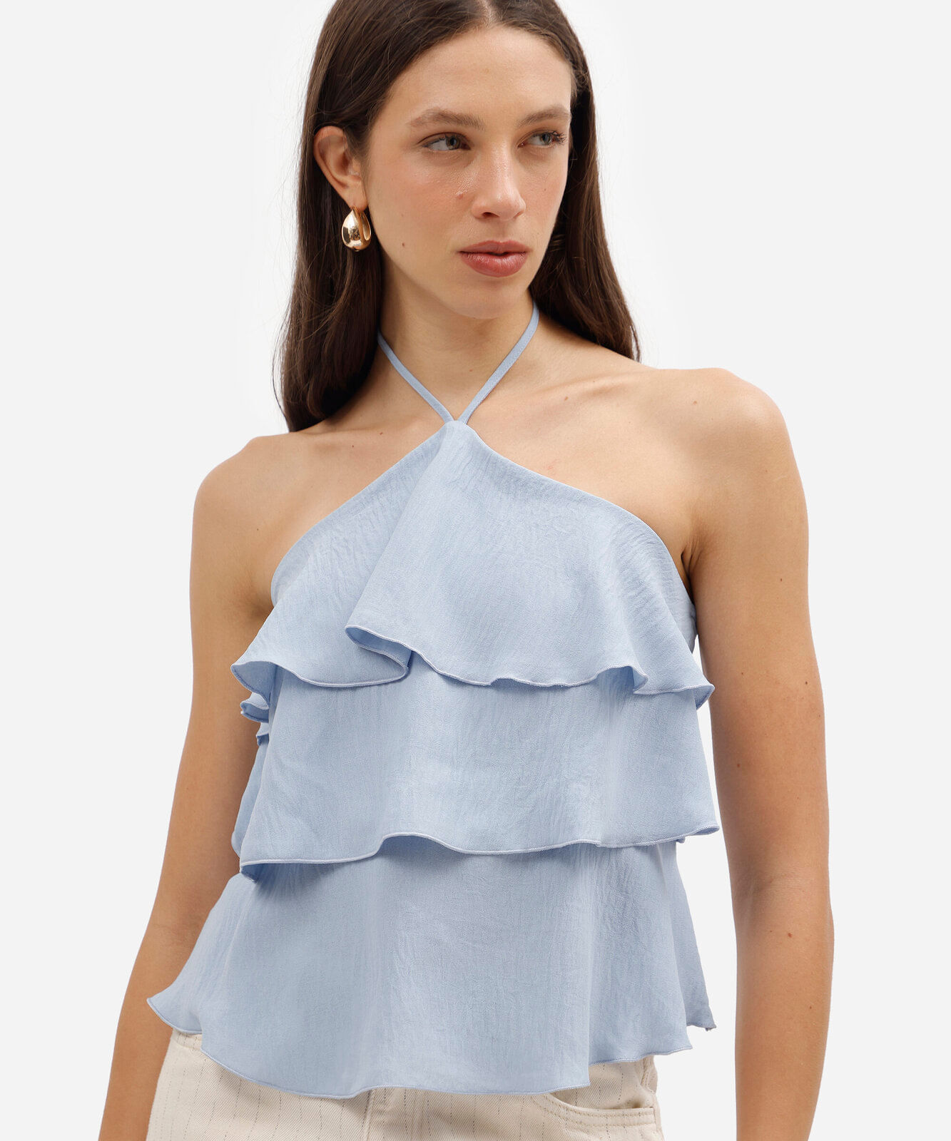 blusa halterneck feminina com babados texturizada azul