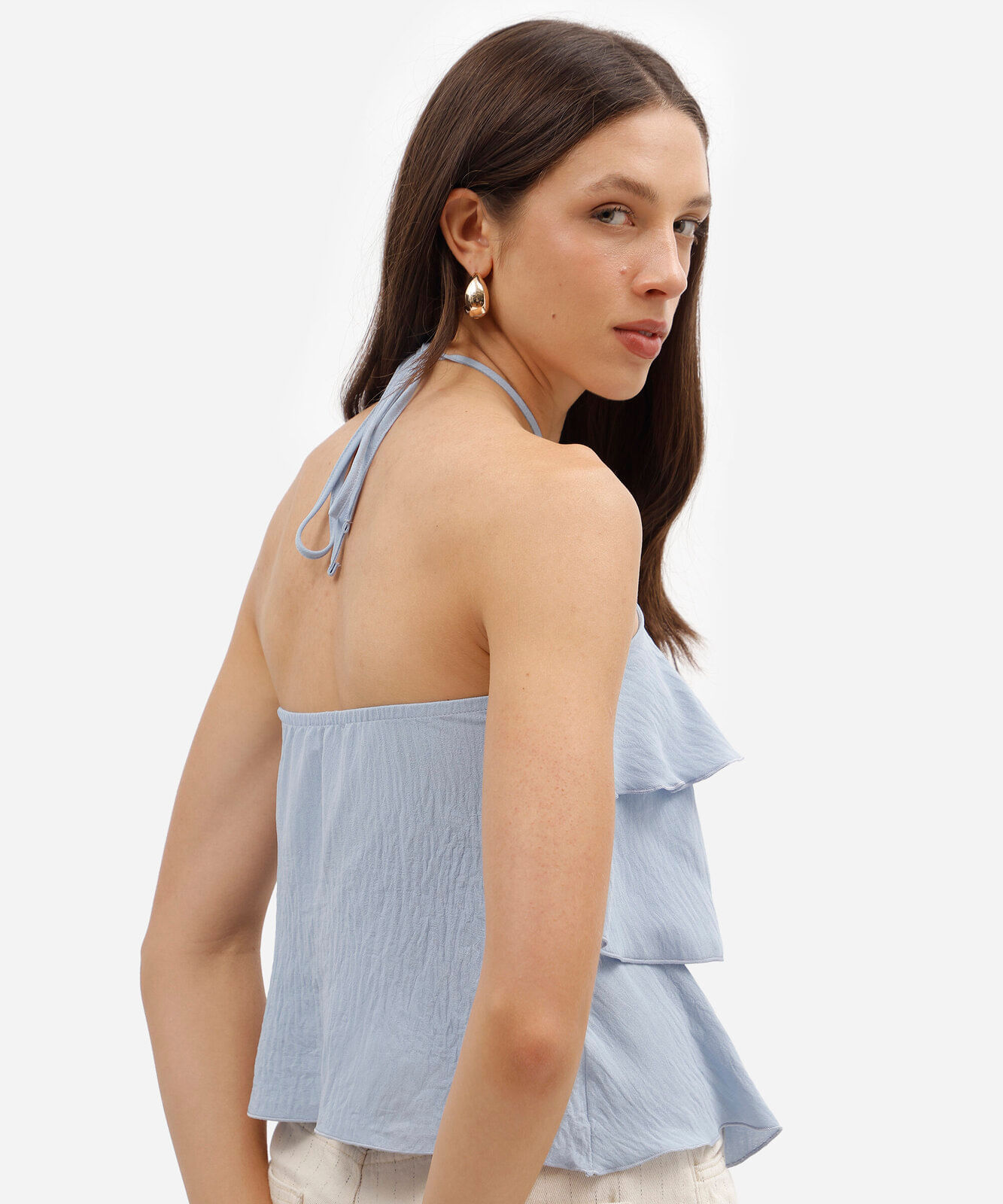 blusa halterneck feminina com babados texturizada azul