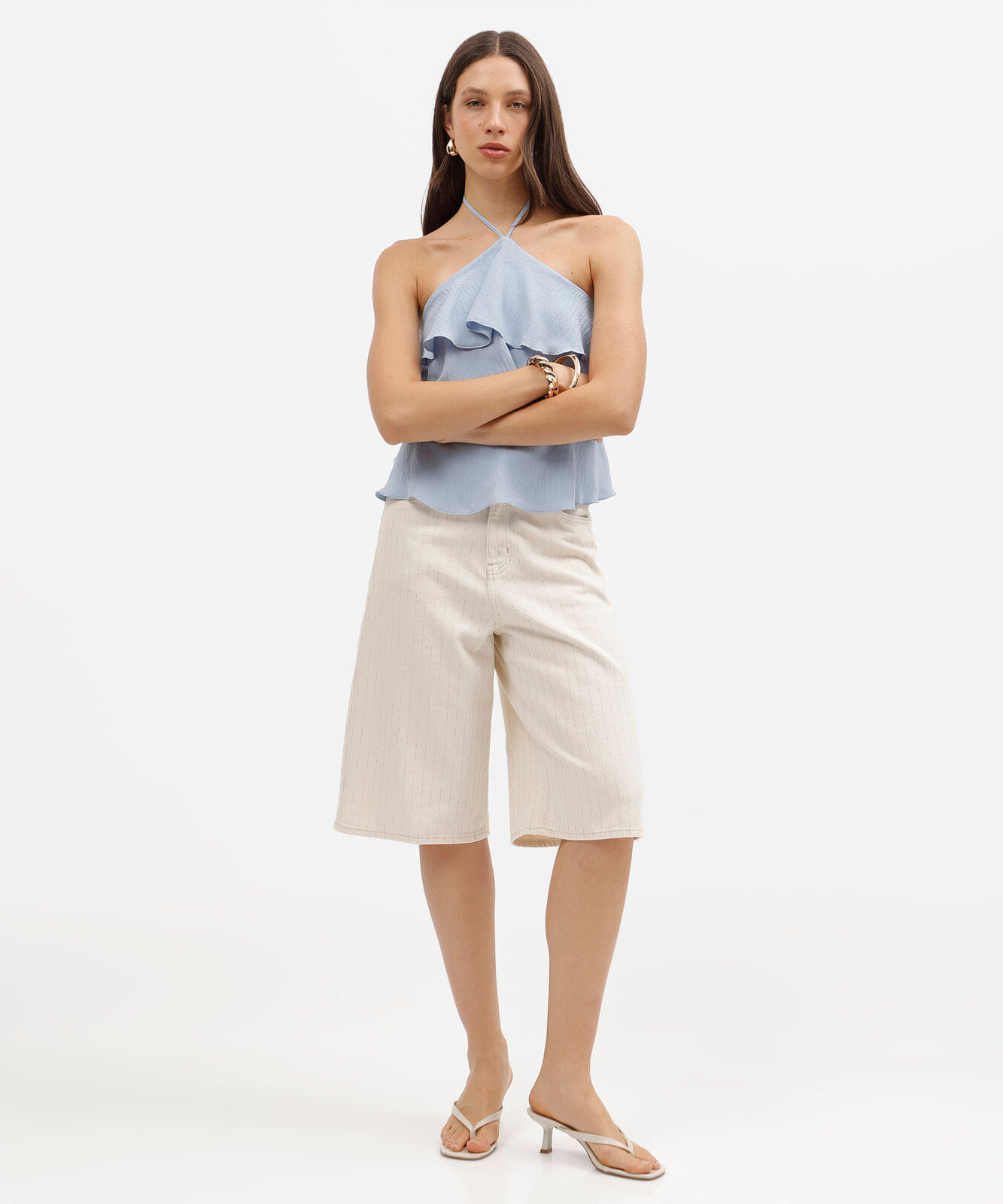blusa halterneck feminina com babados texturizada azul