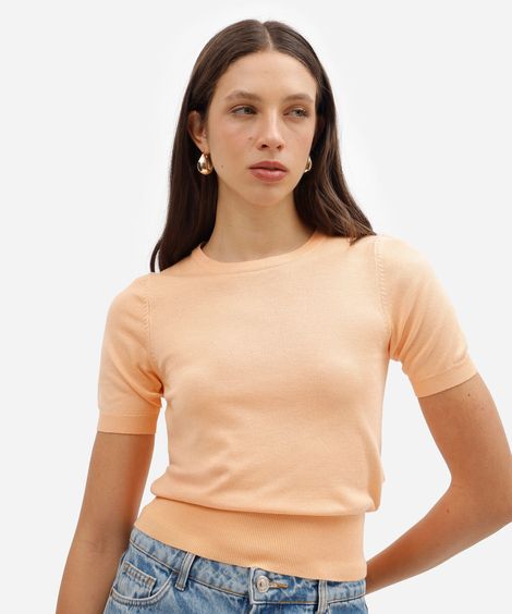 blusa feminina básica de tricô com manga curta laranja