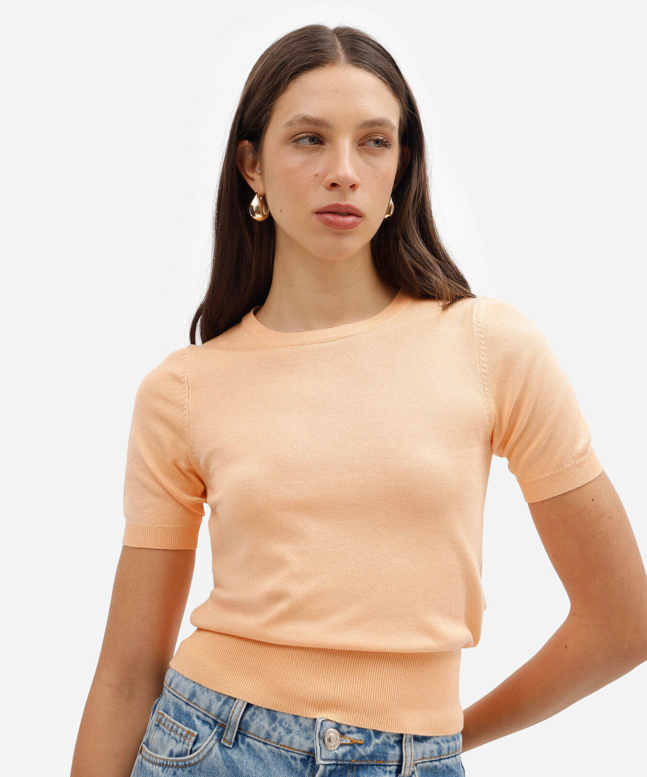 blusa feminina básica de tricô com manga curta laranja