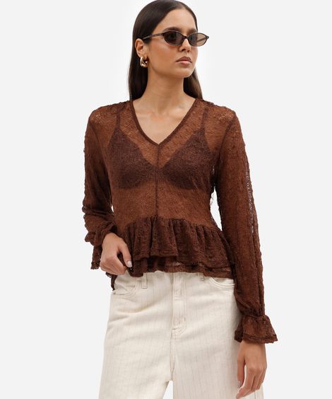 bata feminina de renda decote v manga longa com babado marrom