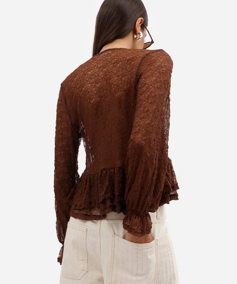 bata feminina de renda decote v manga longa com babado marrom