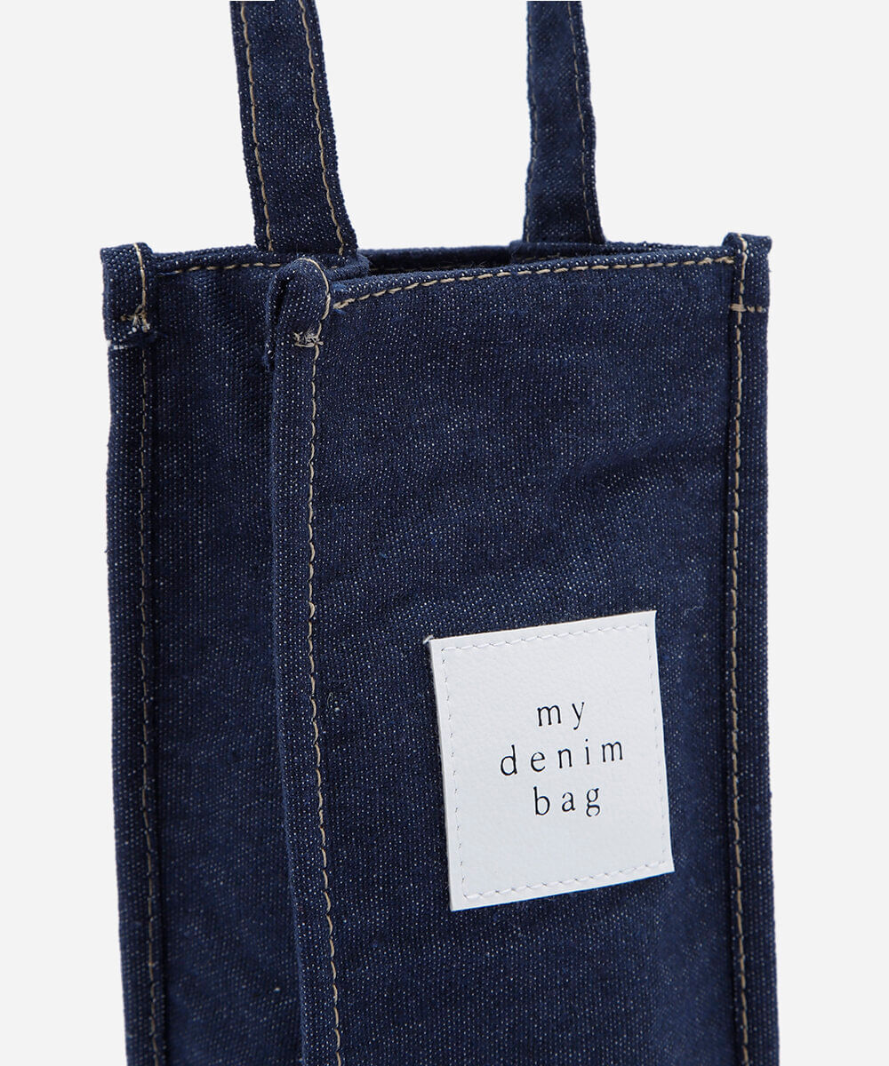 sacola porta-garrafa jeans com patch azul