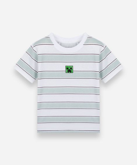 camiseta infantil de algodão manga curta listrada minecraft off white