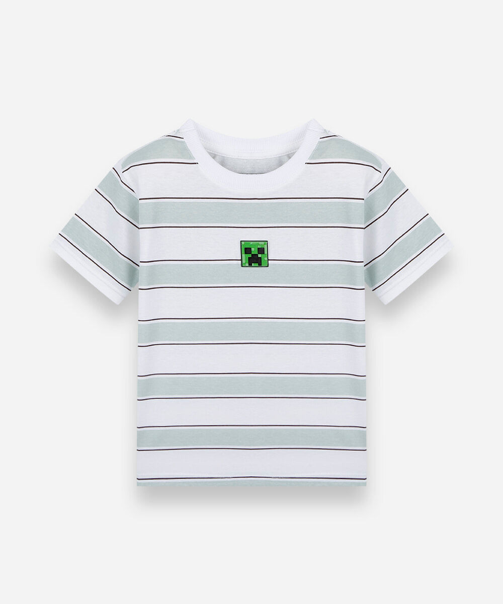 camiseta infantil de algodão manga curta listrada minecraft off white