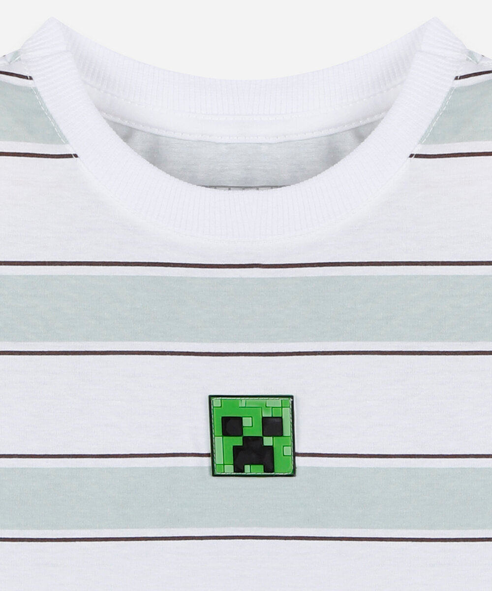 camiseta infantil de algodão manga curta listrada minecraft off white