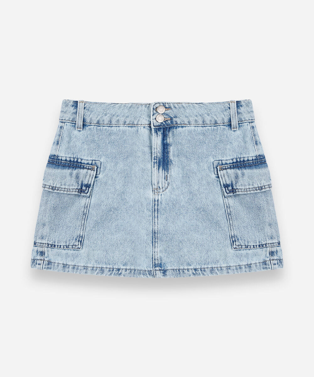saia juvenil jeans com bolsos cargo azul