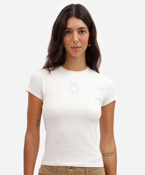 blusa baby look feminina de algodão manga curta miffy  off white