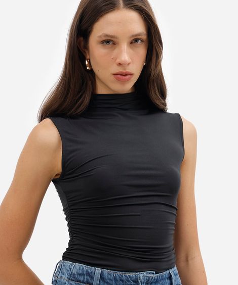 blusa feminina gola alta franzida preta