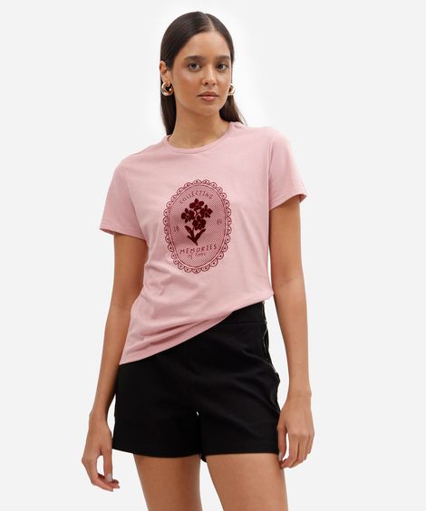 camiseta básica feminina de algodão manga curta estampada rosa