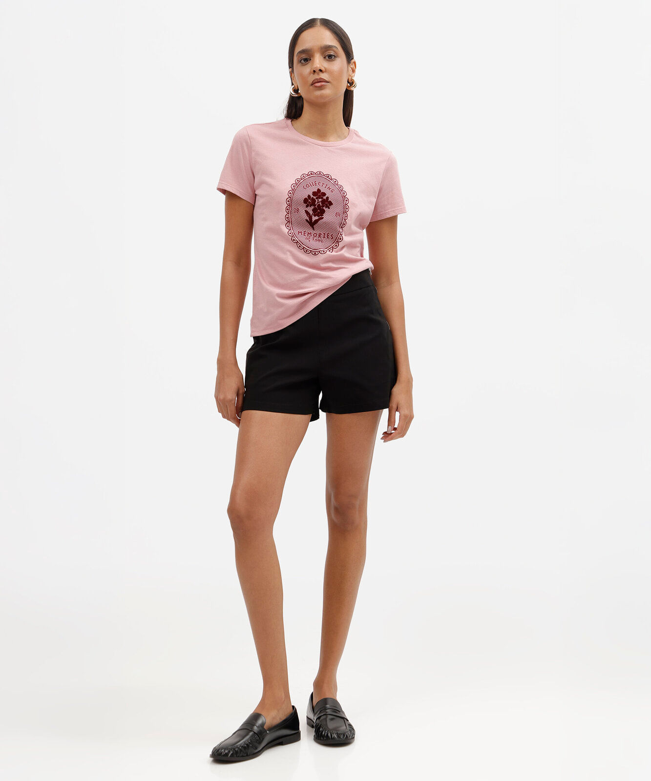 camiseta básica feminina de algodão manga curta estampada rosa