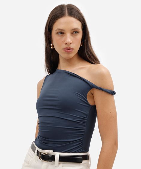 blusa feminina assimétrica franzida azul
