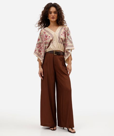 calça wide leg feminina com cinto marrom