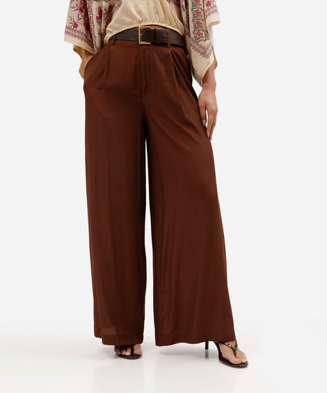 calça wide leg feminina com cinto marrom