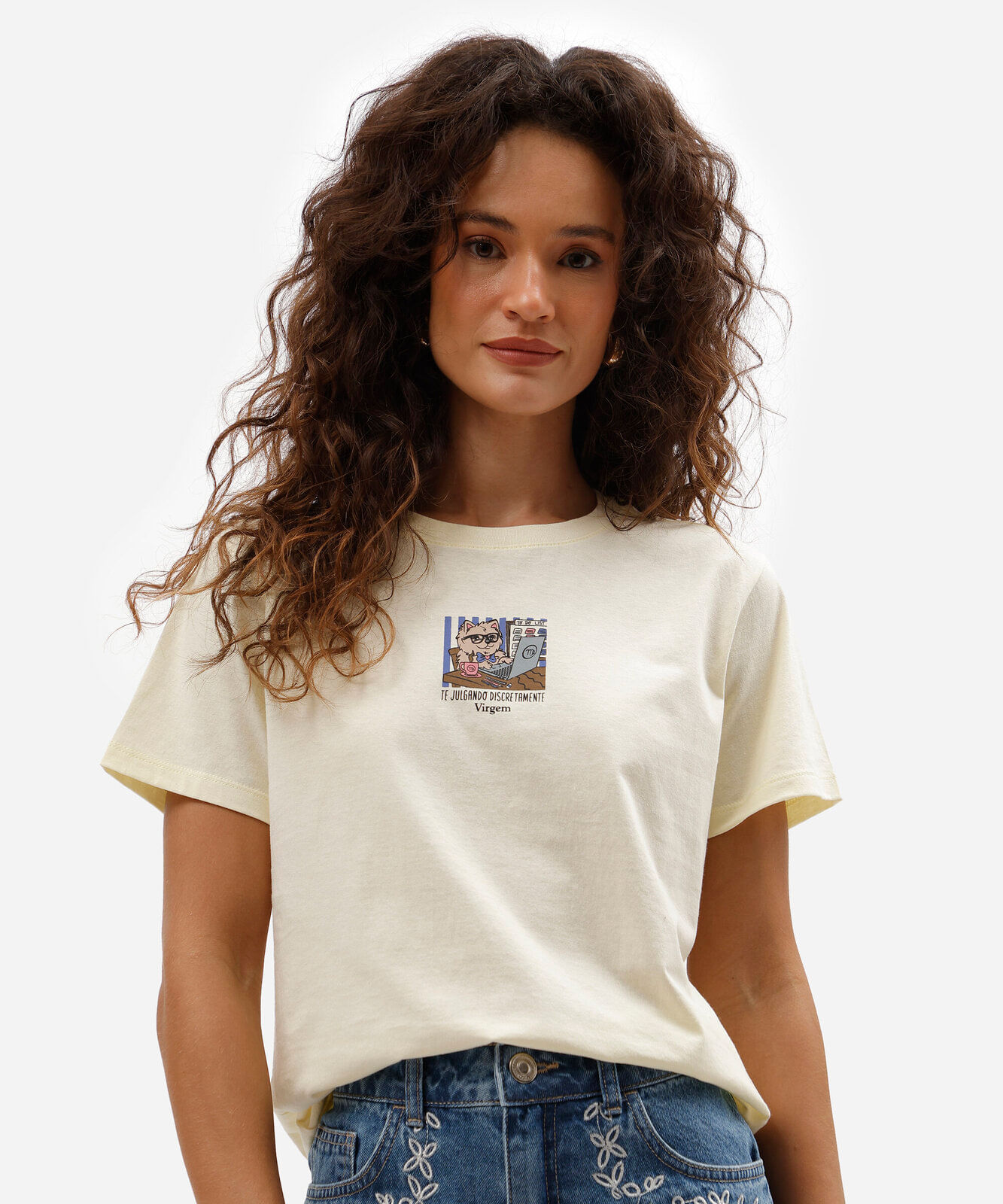 camiseta feminina de algodão manga curta signo virgem básica amarela