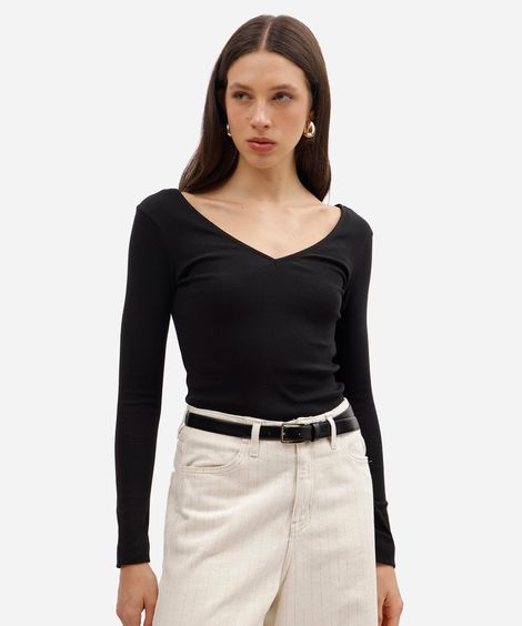 blusa feminina de algodão decote v manga longa preta