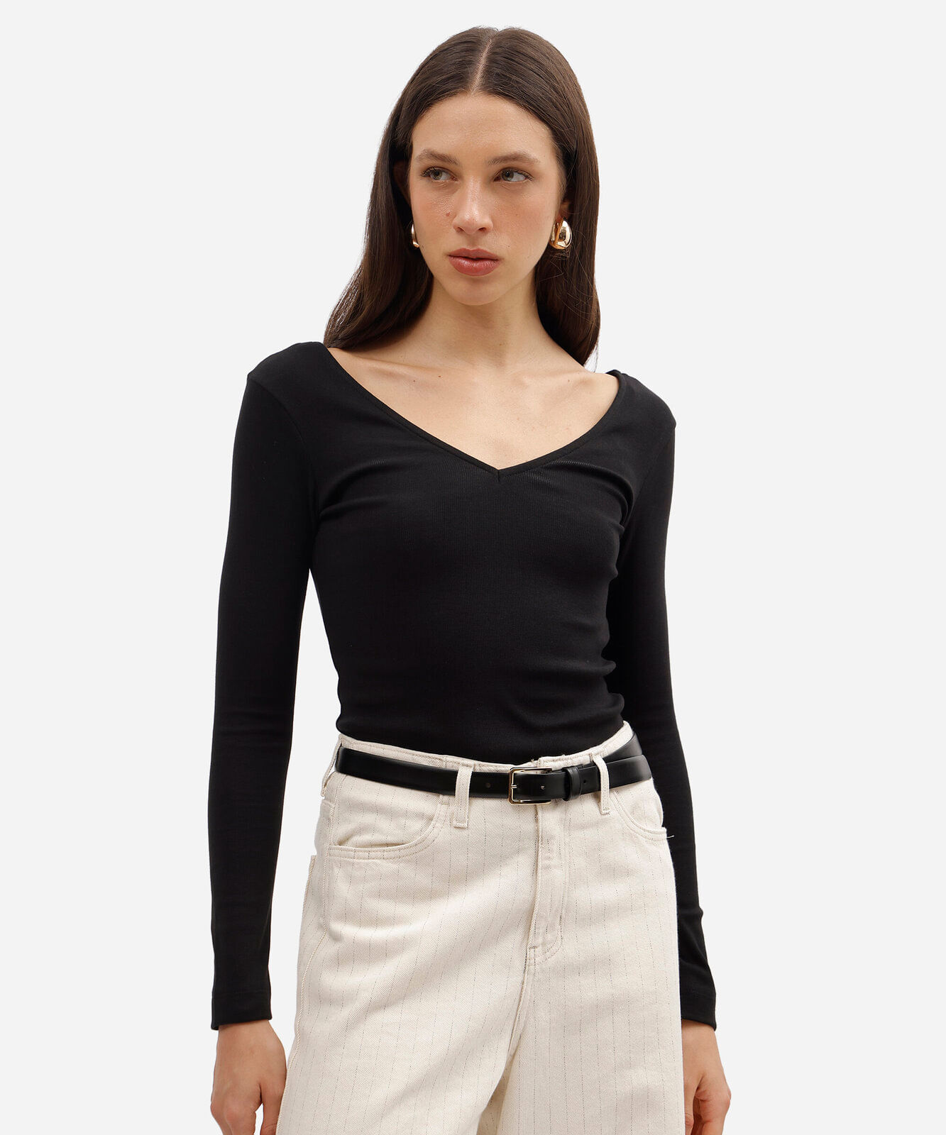 blusa feminina de algodão decote v manga longa preta