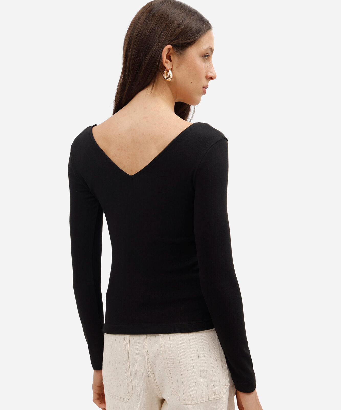 blusa feminina de algodão decote v manga longa preta