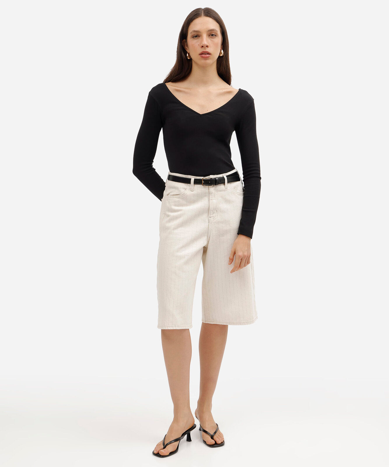 blusa feminina de algodão decote v manga longa preta