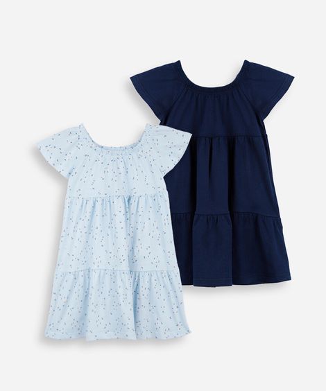 kit de 2 vestidos infantis de algodão com recorte estampado colorido