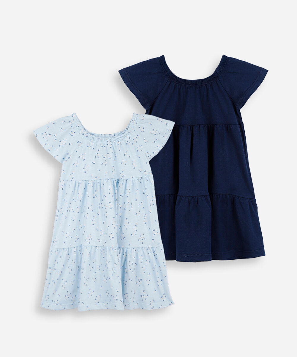 kit de 2 vestidos infantis de algodão com recorte estampado colorido