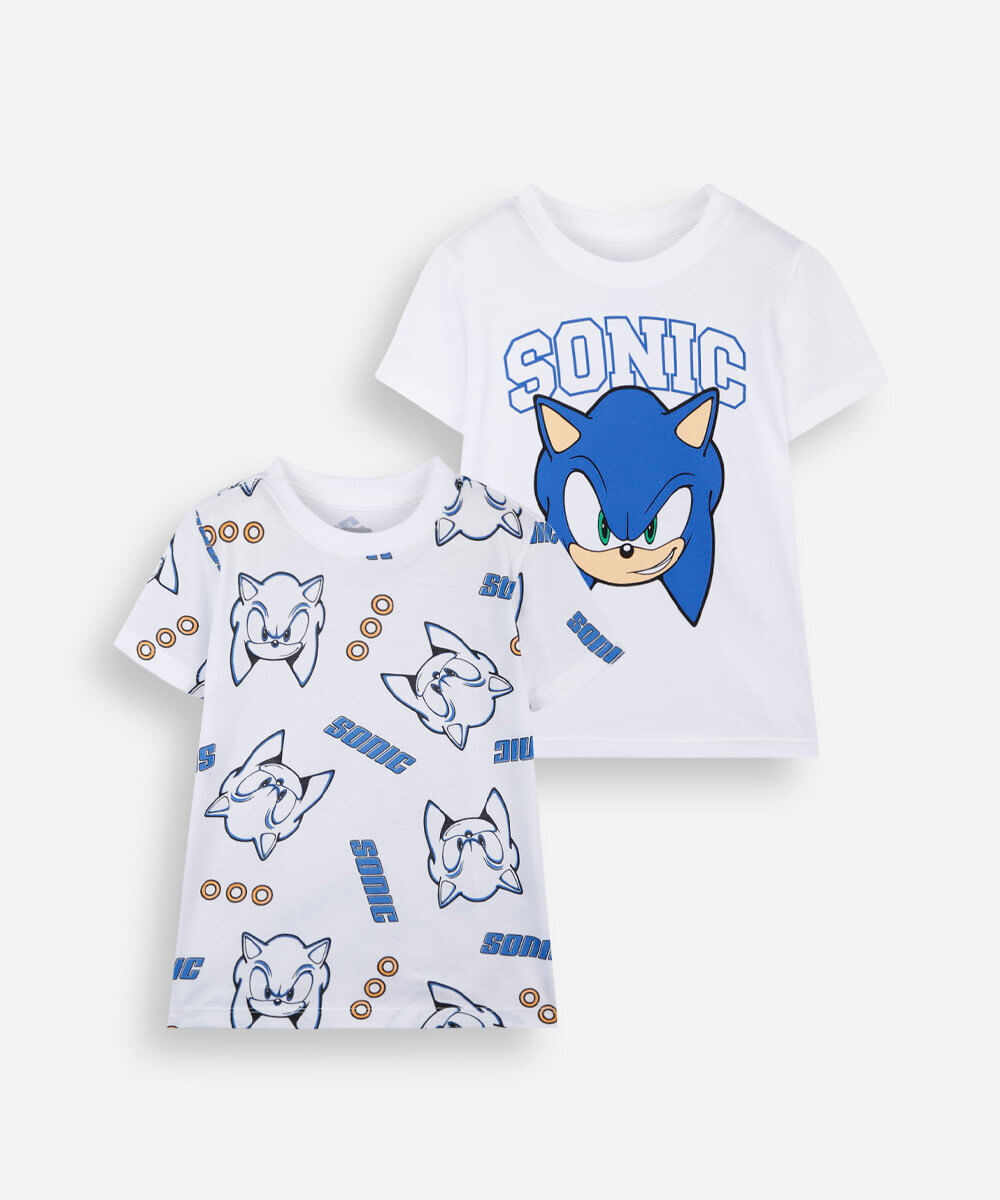 kit de 2 camisetas infantis de algodão manga curta sonic off white
