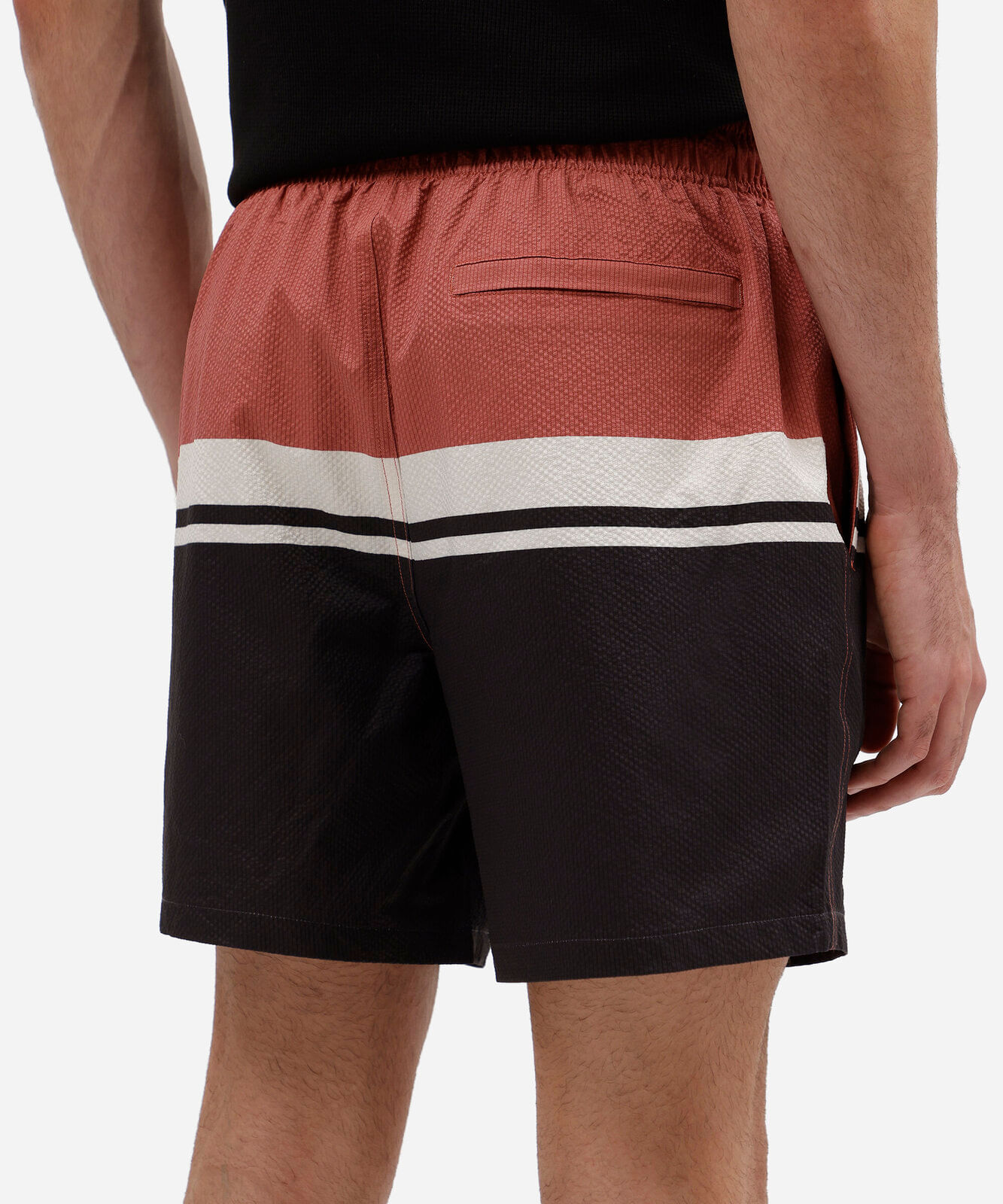 short masculino cós elástico listrado laranja