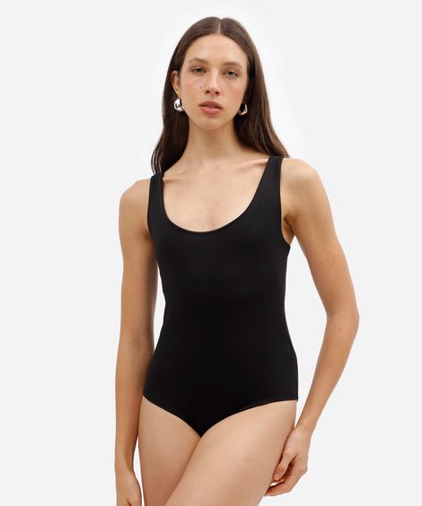 body feminino de algodão decote redondo canelado preto