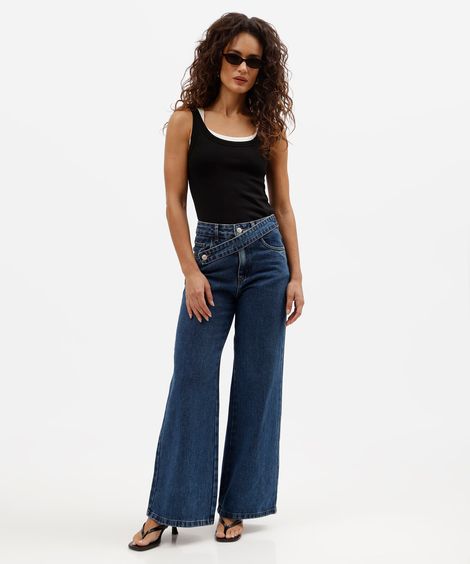 calça wide leg feminina jeans cós cruzado sawary azul