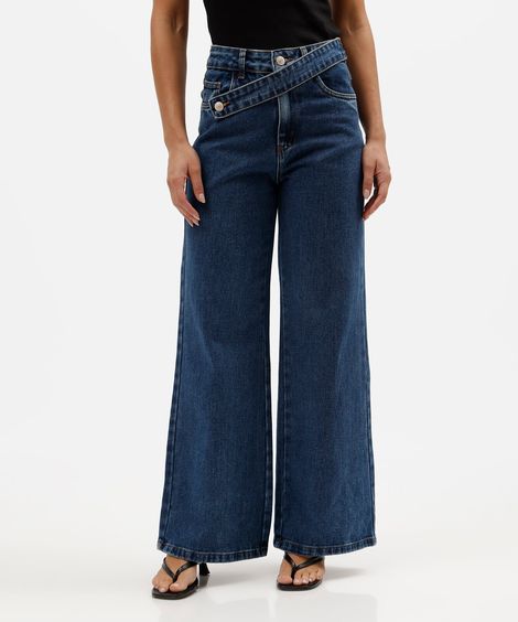 calça wide leg feminina jeans cós cruzado sawary azul