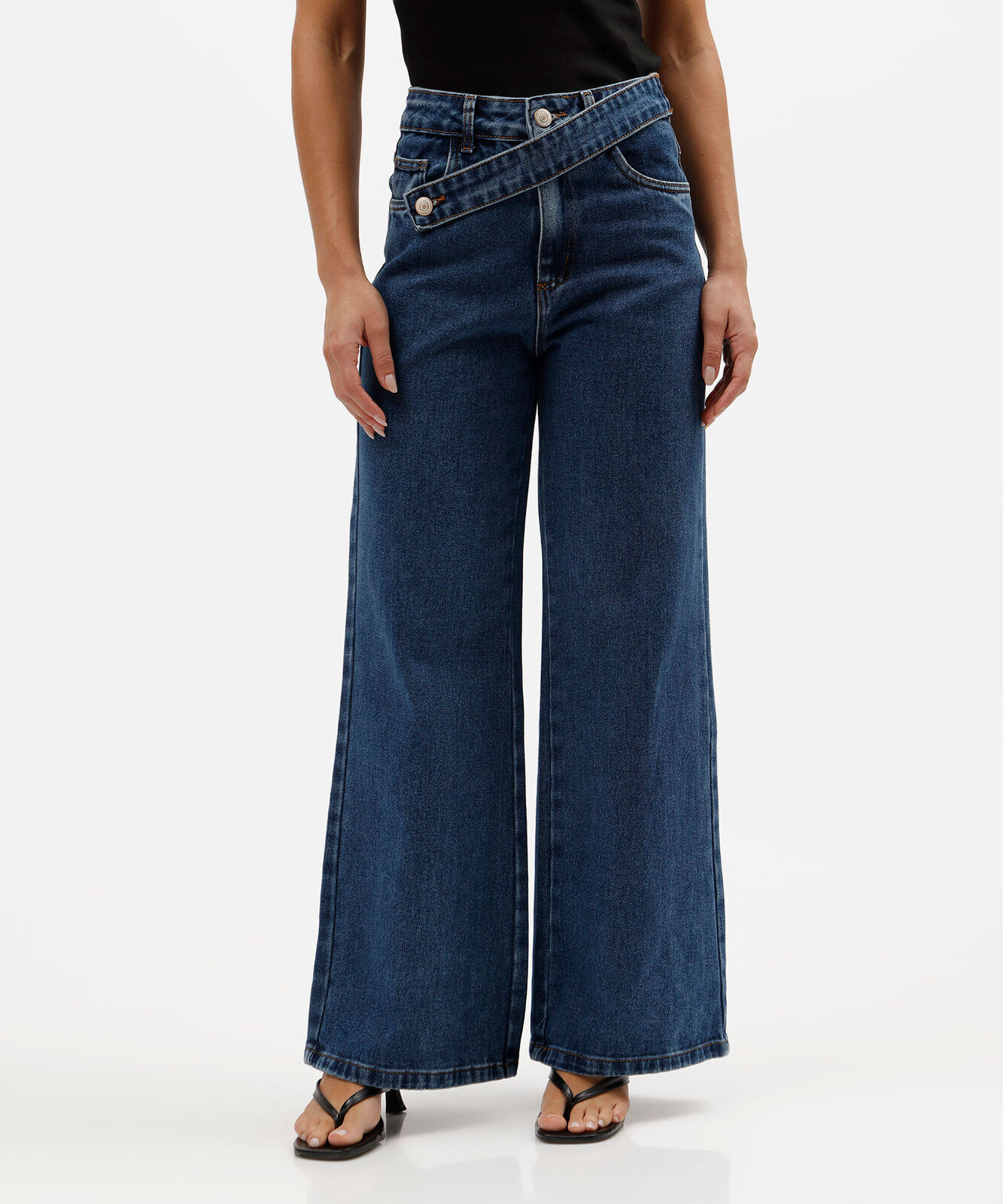 calça wide leg feminina jeans cós cruzado sawary azul