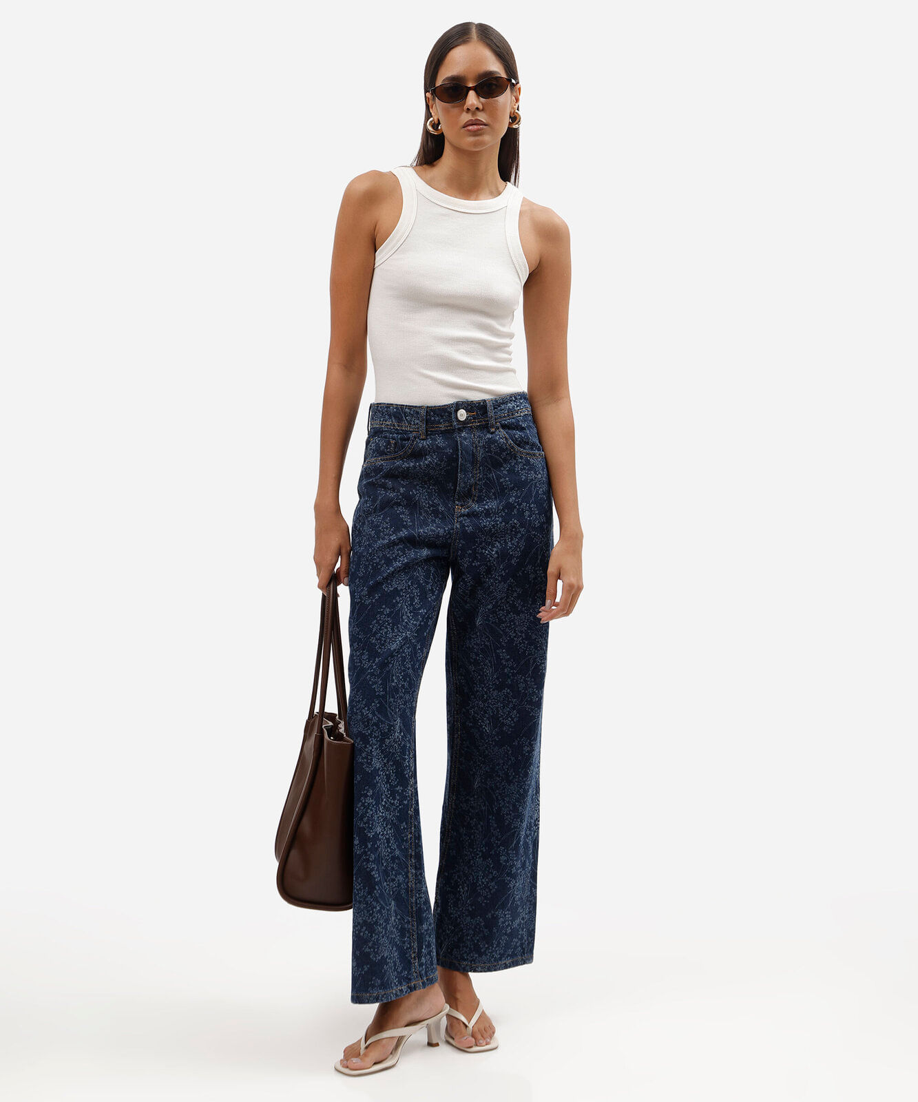 calça wide leg slim petit feminina jeans cintura alta floral azul