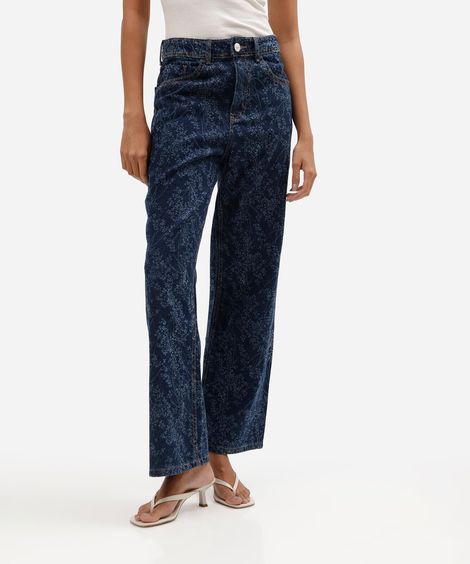 calça wide leg slim petit feminina jeans cintura alta floral azul