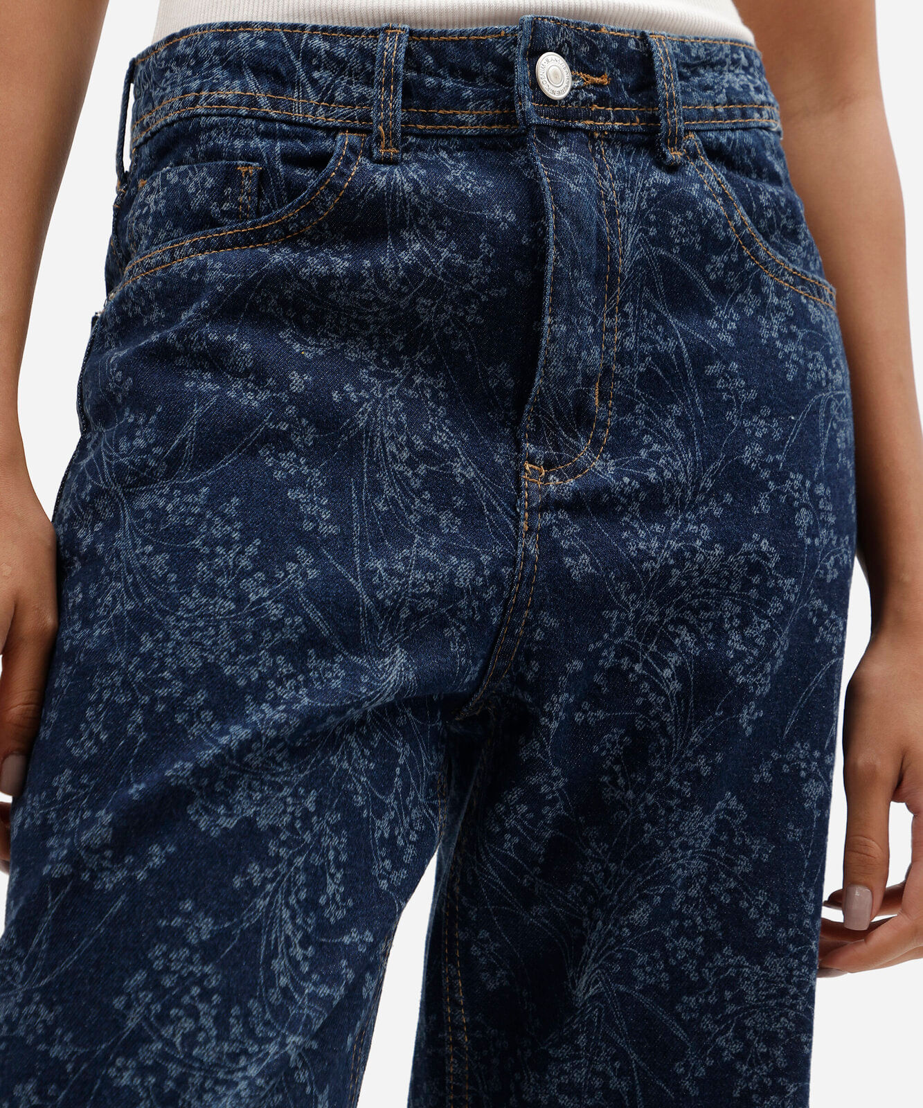 calça wide leg slim petit feminina jeans cintura alta floral azul