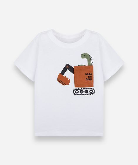 camiseta infantil de algodão manga curta com bolso dino off white