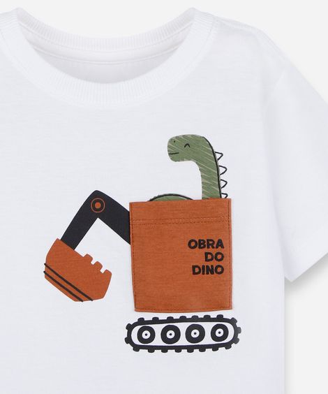 camiseta infantil de algodão manga curta com bolso dino off white