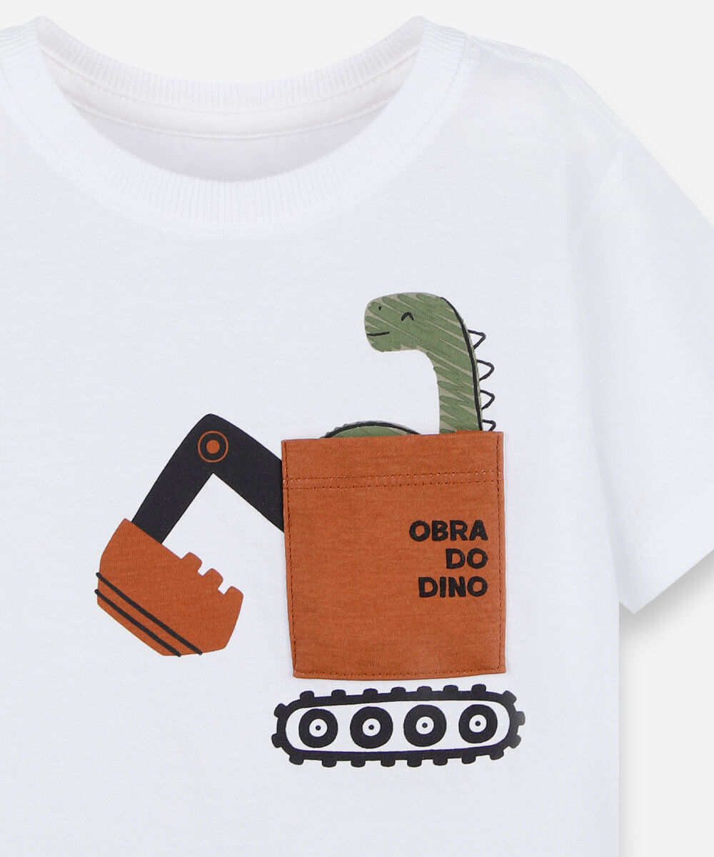 camiseta infantil de algodão manga curta com bolso dino off white