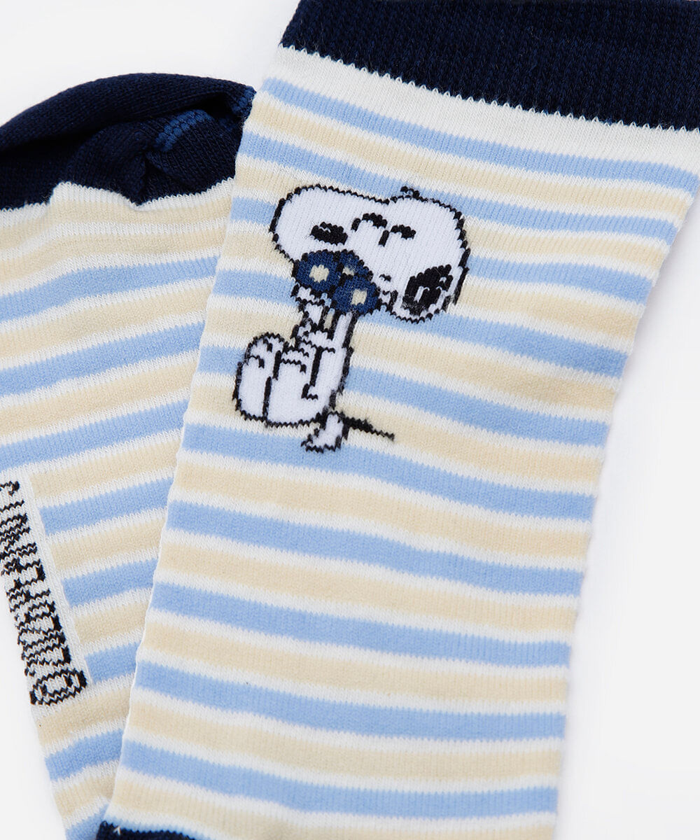 meia cano alto feminina snoopy listrada off white