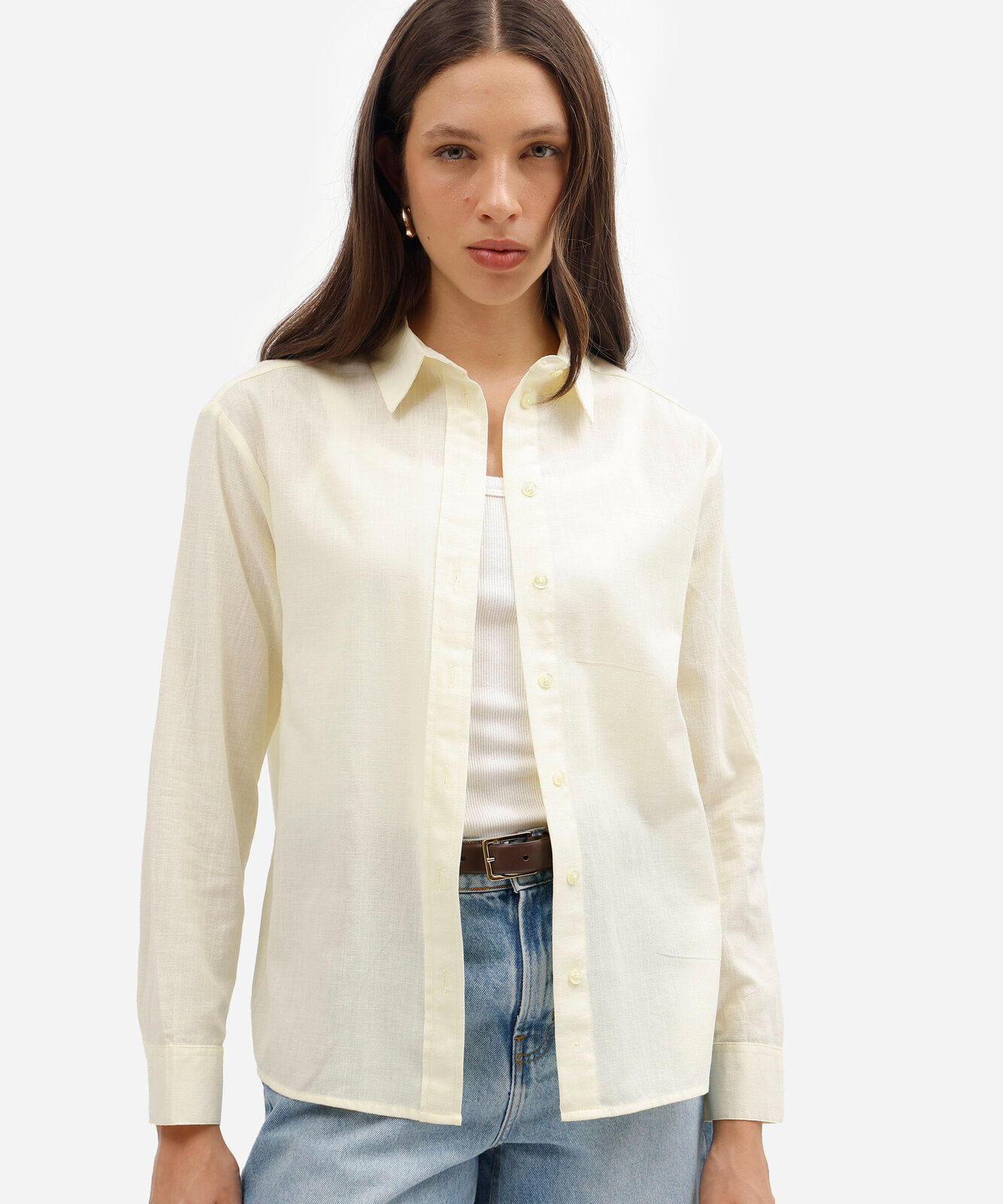 camisa feminina de algodão manga longa amarela