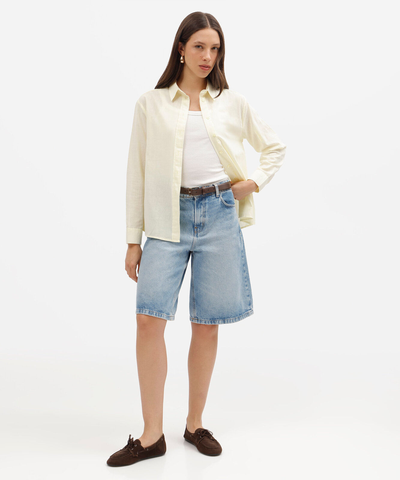 camisa feminina de algodão manga longa amarela